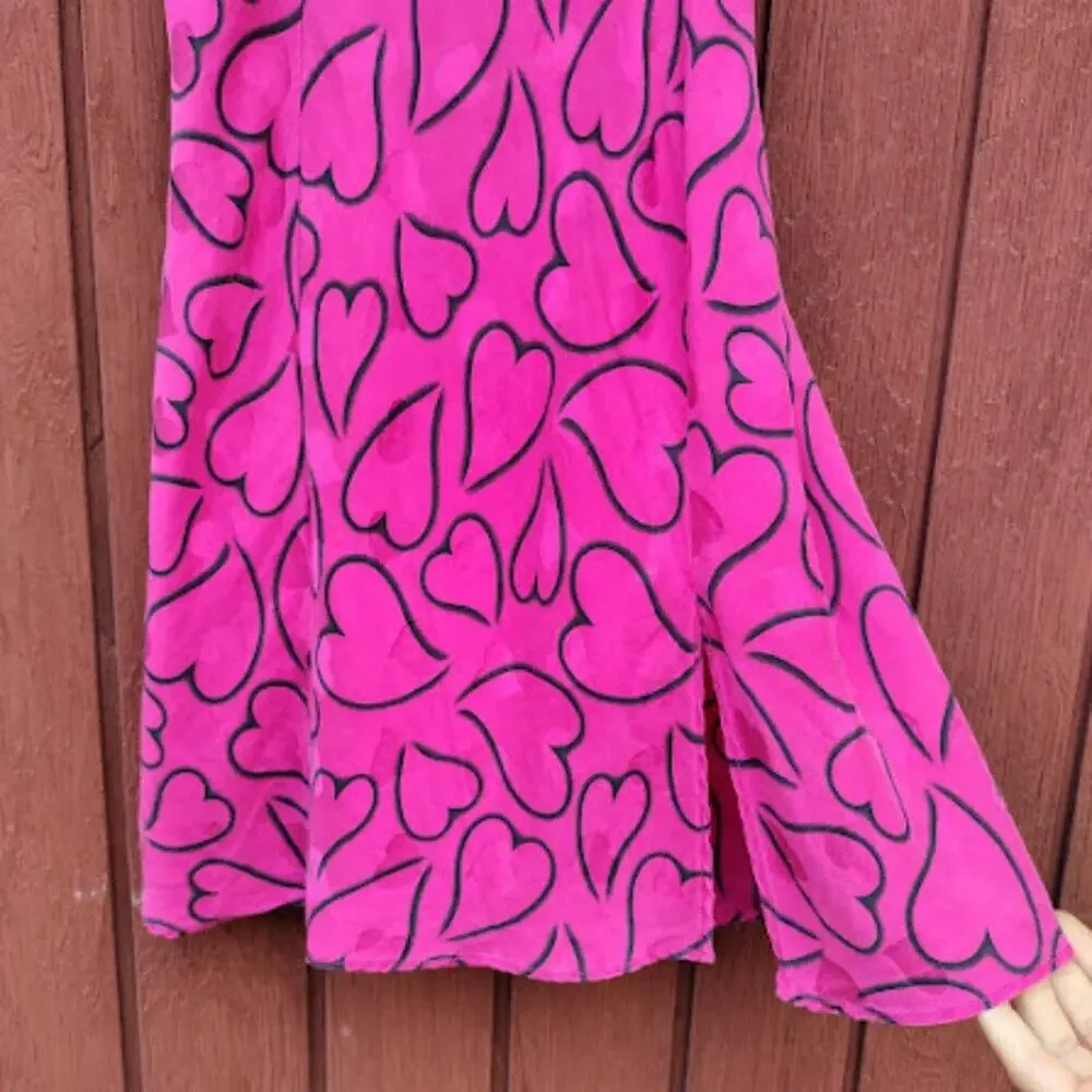 LAURA LEIGH | Hot Pink Silk Slip Dress Hearts Print 90S Y2K Nightie Dress M